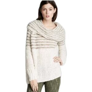 Free People Engineer Sweater Tunic S Cream Gray Striped Cowl Wool Mohair Chunky